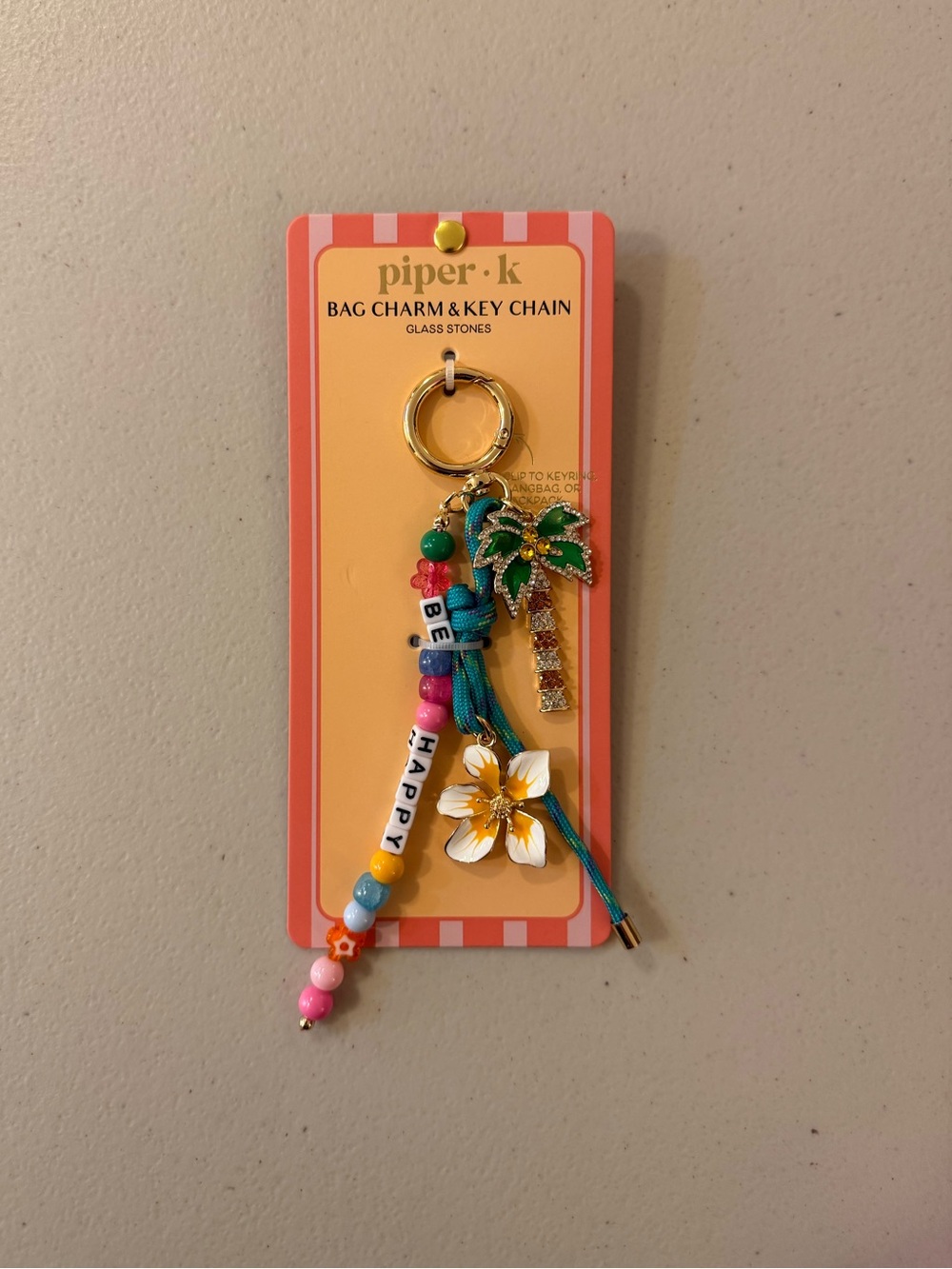 Piper K Palm Tree/Flower/“Be Happy” Bag Charm Key Chain - Multicolor - BRAND NEW